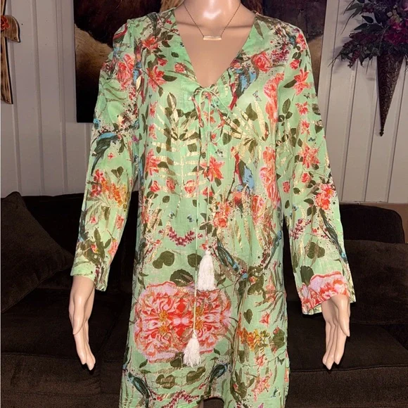 Caribbean Joe ~ Large ~ Green W/ Gold & Red Floral Tunic Swim Coverup Dress - Picture 7 of 15